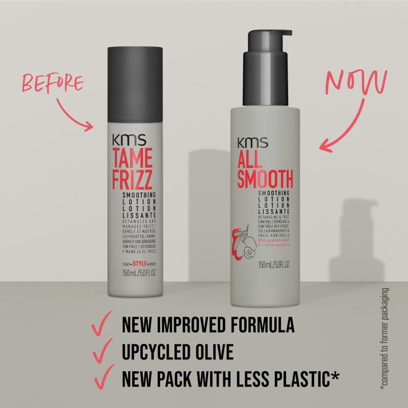 KMS Tame Frizz and All Smooth hair care products with text highlighting improvements.