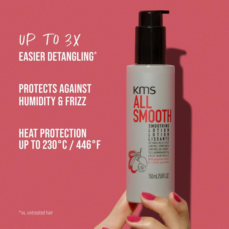 KMS All Smooth hair lotion bottle with text on a pink background