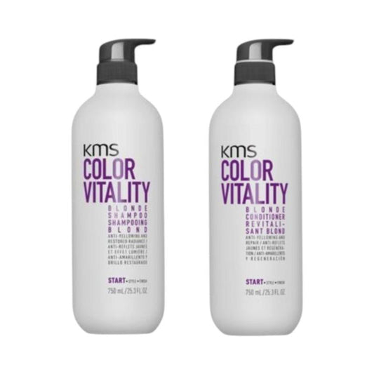 Two KMS Color Vitality shampoo and conditioner 25.3oz bottles on a white background