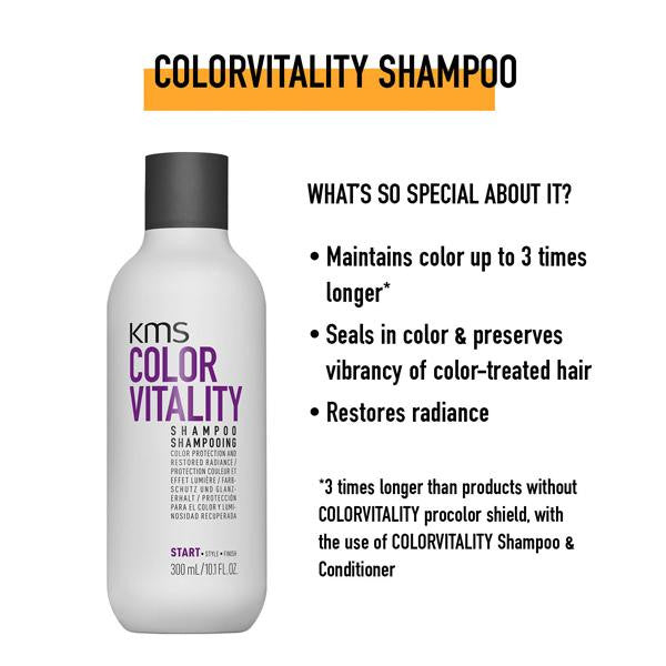 KMS Colorvitality shampoo bottle with text highlighting features on a white background