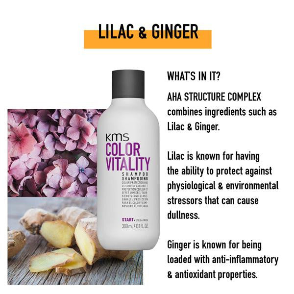 KMS Color Vitality shampoo bottle with lilac and ginger ingredients displayed.