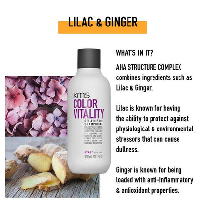 KMS Color Vitality shampoo bottle with lilac and ginger ingredients displayed.