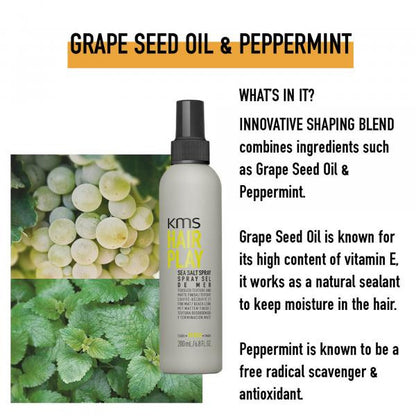 KMS Hair Play spray bottle with grape seed oil and peppermint text and images of grapes and peppermint leaves.