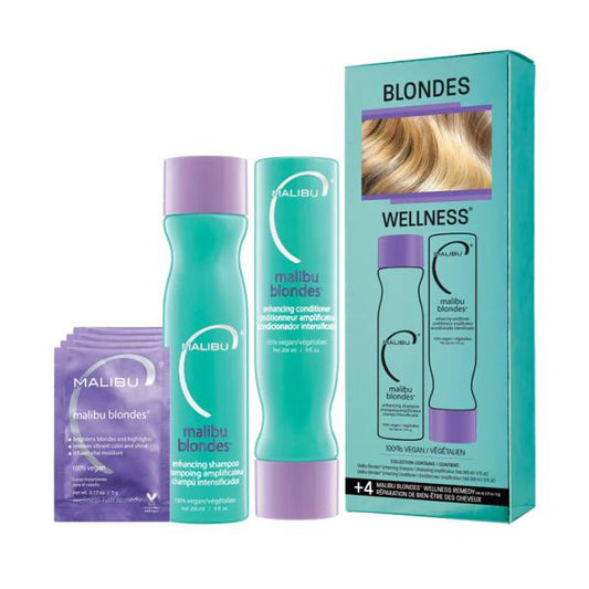 Malibu C hair care products including shampoo, conditioner, and packaging on a white background