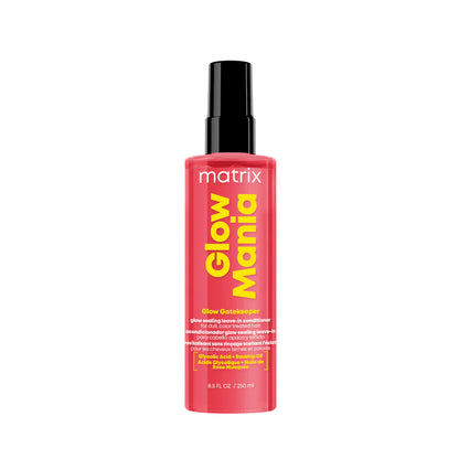 Red bottle of Matrix Glow Mania hair product on a white background