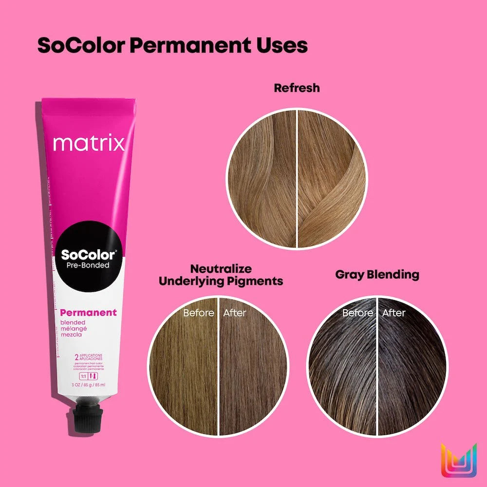 Matrix SoColor hair color product with before and after images on a pink background