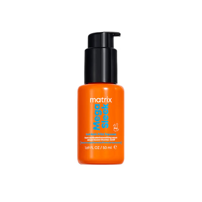 Orange bottle of Matrix Mega Sleek hair product on a white background
