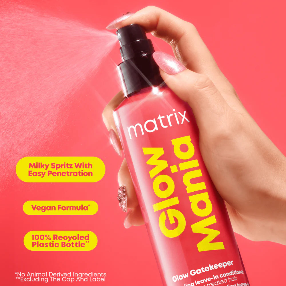 Hand holding a Matrix Glow Mania product with features highlighted on a pink background