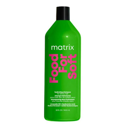 Green shampoo bottle Matrix Food for Soft shampoo litre pink text on a white background