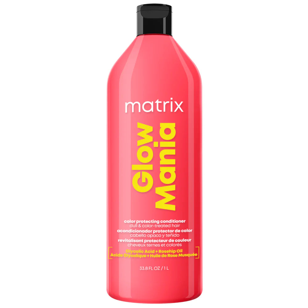 A 33.8 fl oz bottle of Matrix Glow Mania Color Protecting Conditioner, featuring a vibrant pink bottle with a black cap and yellow and white text on the label.