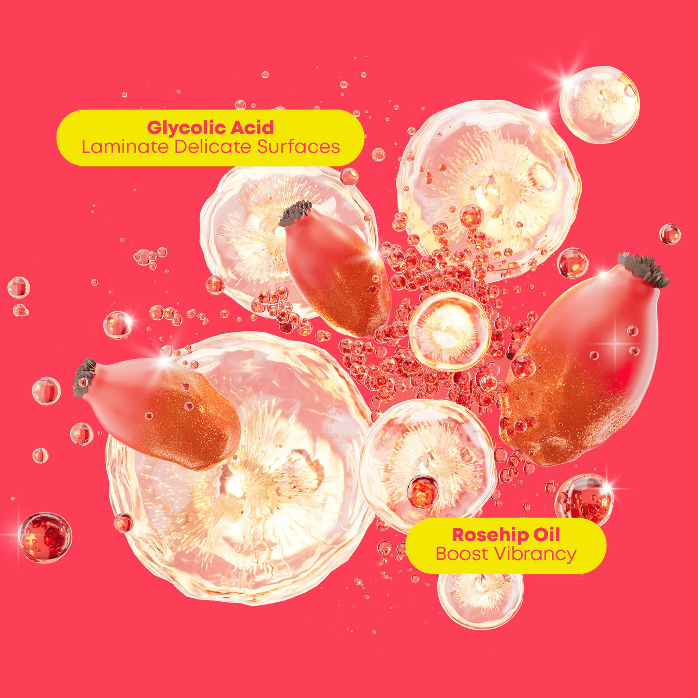 A stylized graphic on a bright pink background showing several translucent rosehip fruits and bubbles with text labels reading 'Glycolic Acid Laminate Delicate Surfaces' and 'Rosehip Oil Boost Vibrancy'.