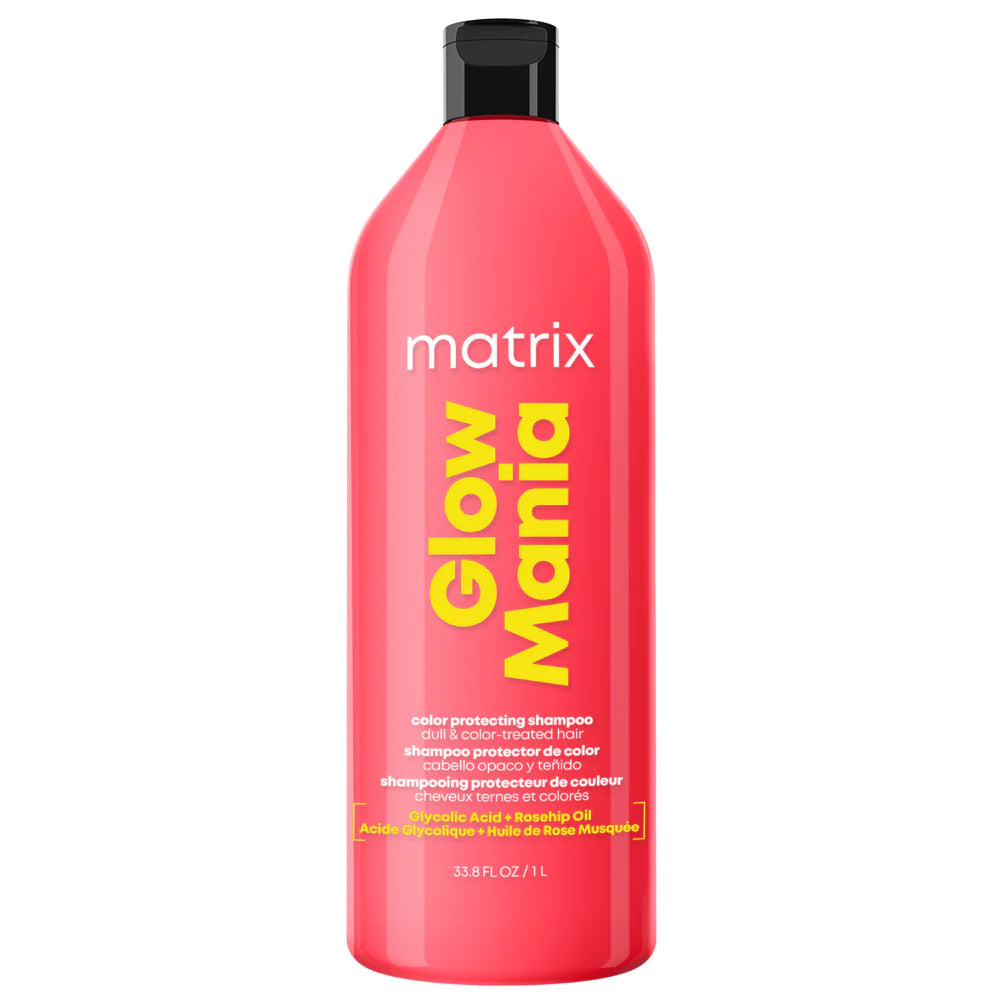 Pink shampoo bottle with 'matrix Glow Mania' branding on a white background