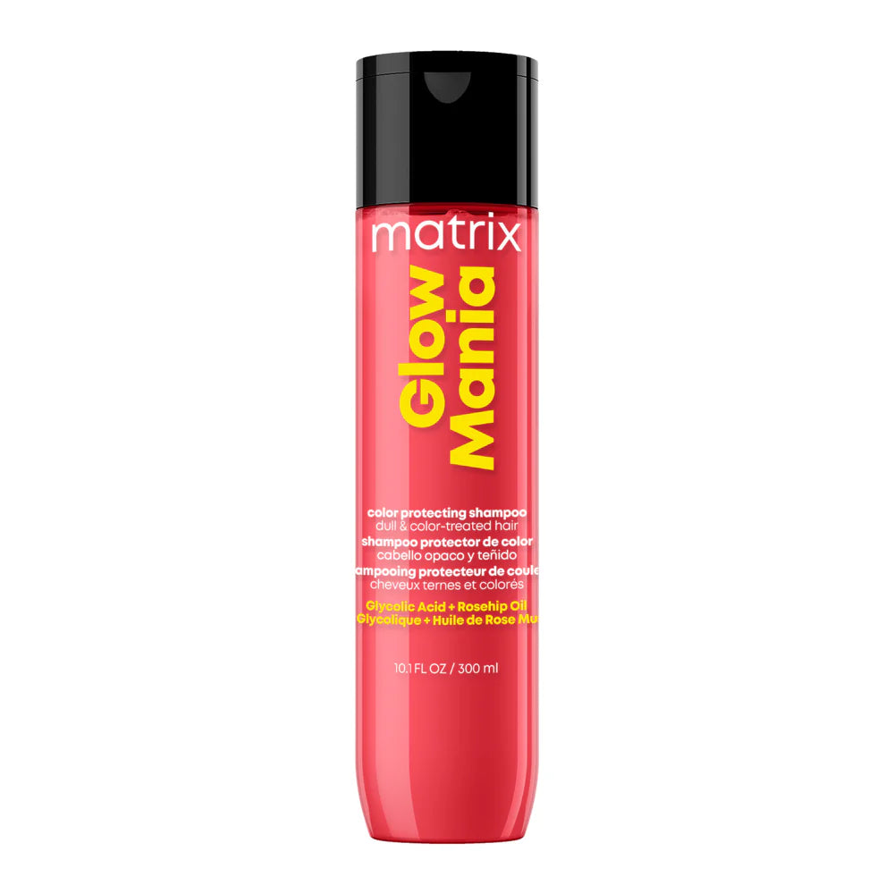 A 10 fl oz bottle of Matrix Glow Mania Color Protecting Shampoo, featuring a vibrant red body with a black cap and yellow and white text, set against a plain white background.