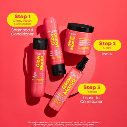Matrix Glow Mania hair care products on a pink background with step-by-step instructions.