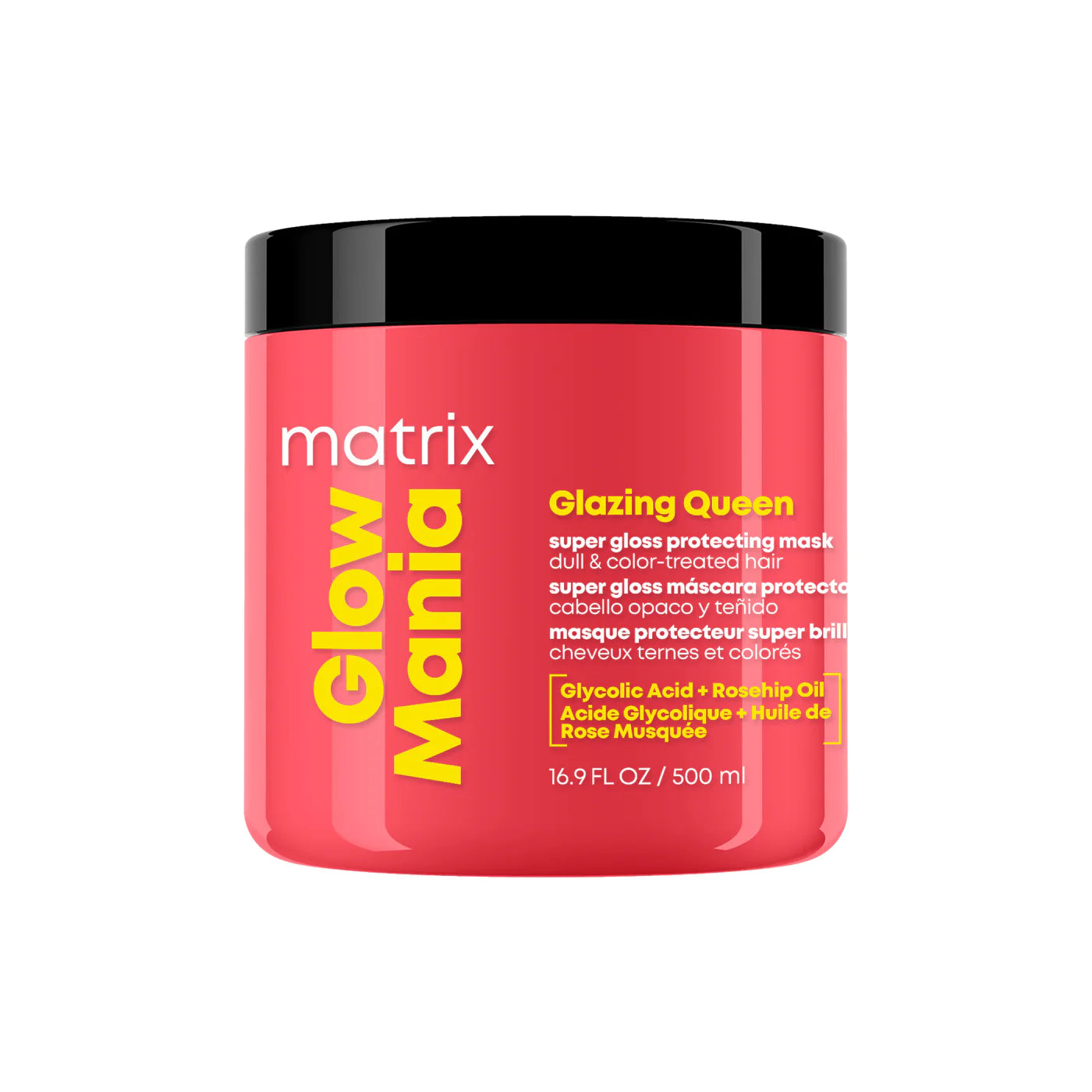 A jar of Matrix Glow Mania Glazing Queen hair mask on a plain white background. The product is in a bright pink container with a black lid, featuring yellow and white text.