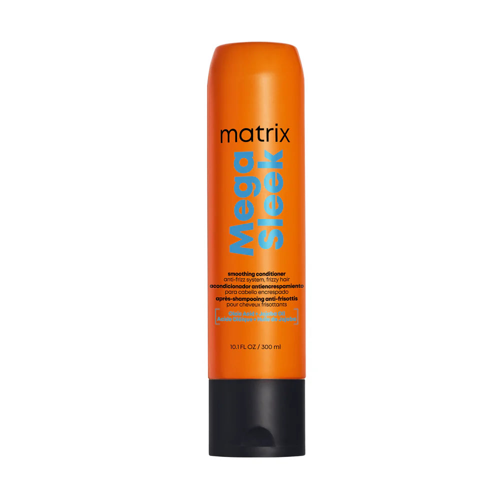 Orange bottle of Matrix Mega Sleek conditioner on a white background