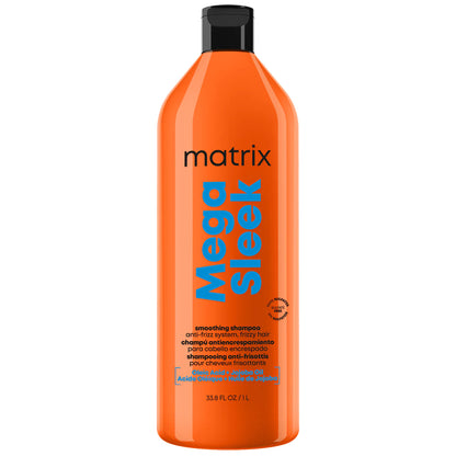 A 33.8 fl oz bottle of Matrix Mega Sleek Smoothing Shampoo on a solid white background.