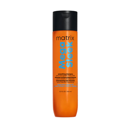 Orange shampoo bottle with black cap labeled 'Matrix Mega Sleek' on a white background
