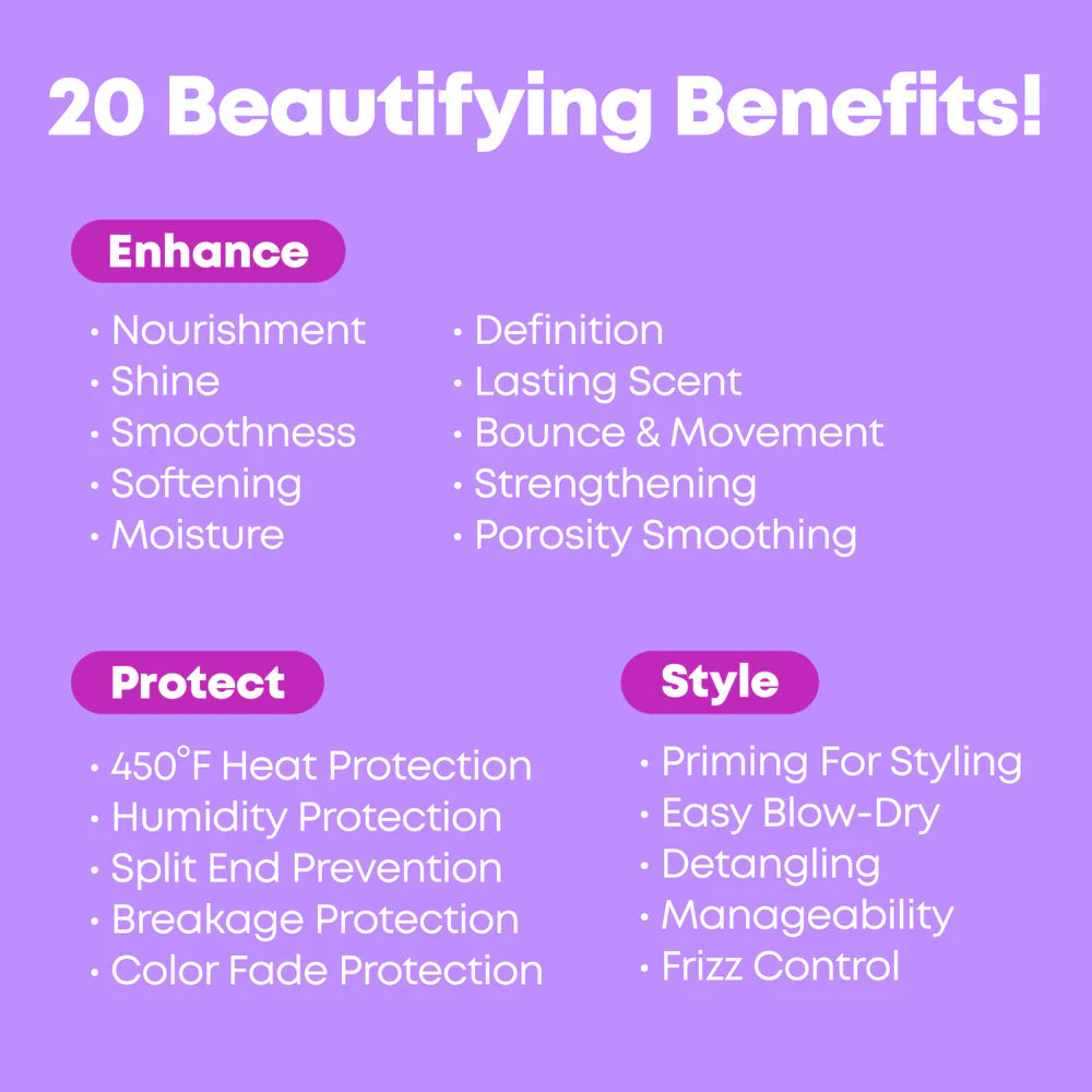 An infographic with a light purple background titled '20 Beautifying Benefits!' Matrix Miracle Creator in large white text. The graphic organizes benefits into three categories with white text and magenta headers: Enhance, Protect, and Style.
