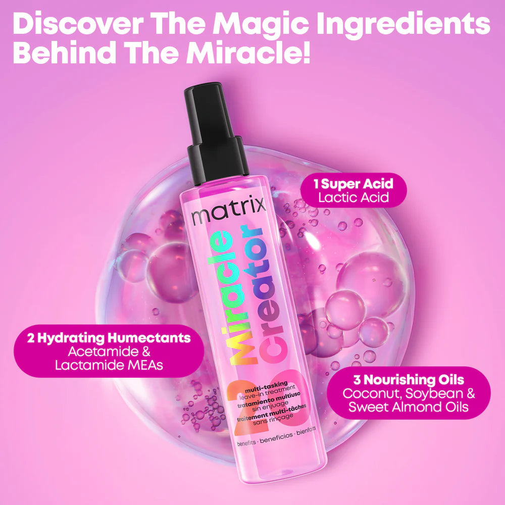 Matrix Miracle Creator hair product with ingredients listed on a pink background
