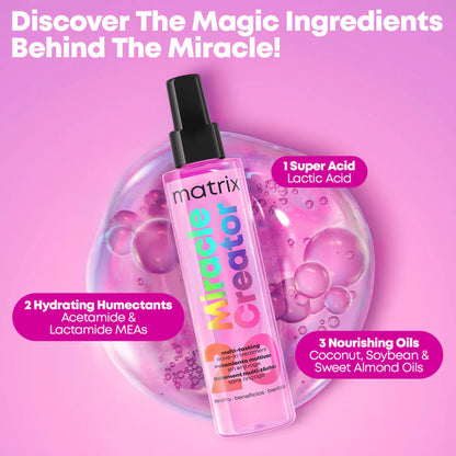 Matrix Miracle Creator hair product with ingredients listed on a pink background