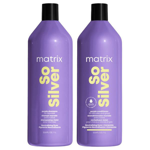 Two litre  bottles of Matrix So Silver shampoo and conditioner