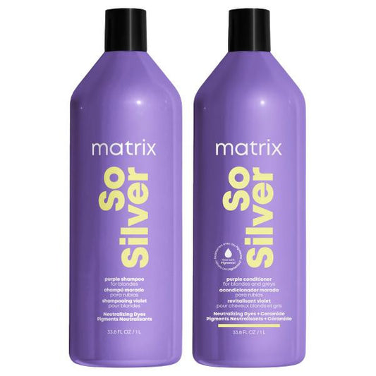 Two litre  bottles of Matrix So Silver shampoo and conditioner
