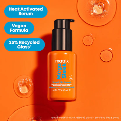 Matrix Mega Sleek serum bottle on an orange background with product details.