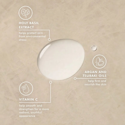A beige textured background with a large glossy white droplet in the center and three callout circles around it labeled Holy Basil Extract, Vitamin C, and Argan and Tsubaki Oils, with thin lines pointing to the droplet.