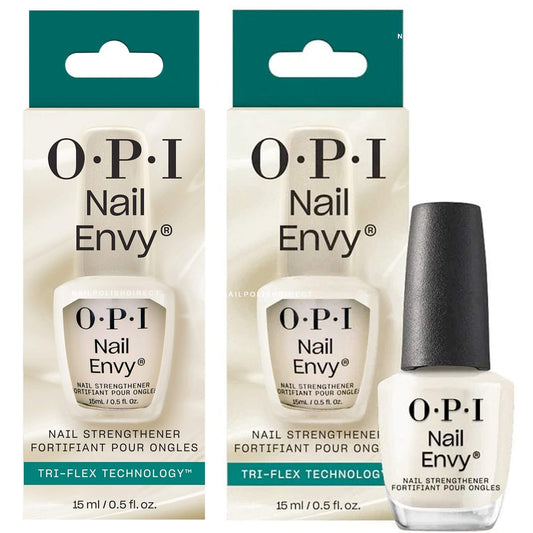 Two OPI Nail Envy nail strengthener bottles with packaging on a white background