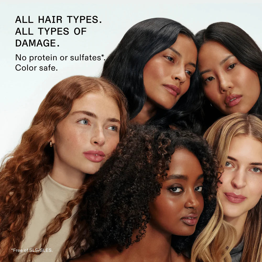 Five women with different hair types and colors posing together, with text about hair care products.