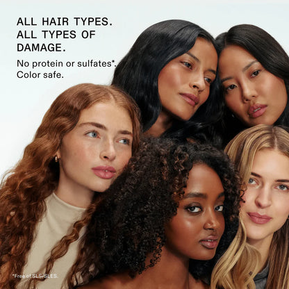 Five women with different hair types and colors posing together, with text about hair care products.