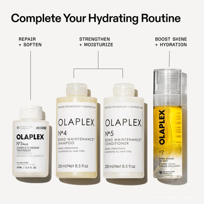 Four Olaplex hair care products arranged on a light gray background with headline text reading 'Complete Your Hydrating Routine' and callout labels above each bottle.