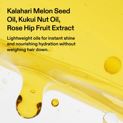 Yellow promotional graphic with black text reading 'Kalahari Melon Seed Oil, Kukuu Nut Oil, Rose Hip Fruit Extract' and a close-up of translucent golden oil droplets on a white background.