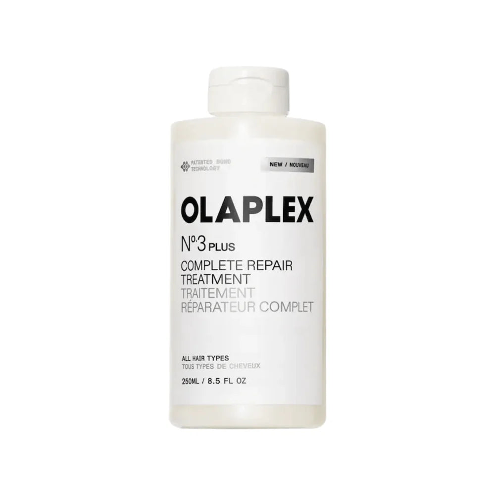 A 250ml white bottle of Olaplex No. 3 Plus Complete Repair Treatment on a solid white background.