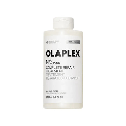 A 250ml white bottle of Olaplex No. 3 Plus Complete Repair Treatment on a solid white background.