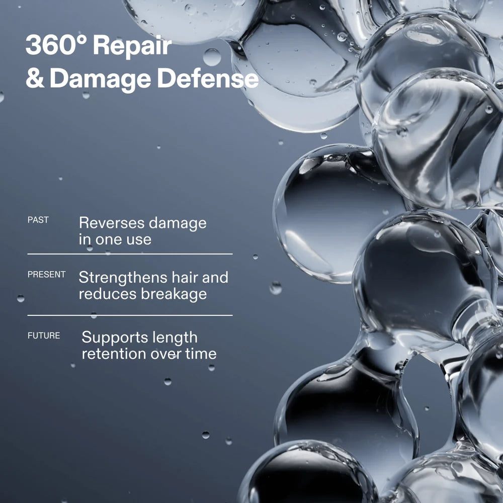 Advertisement for hair care product with bubbles and text about repair and damage defense.