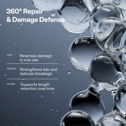 Advertisement for hair care product with bubbles and text about repair and damage defense.