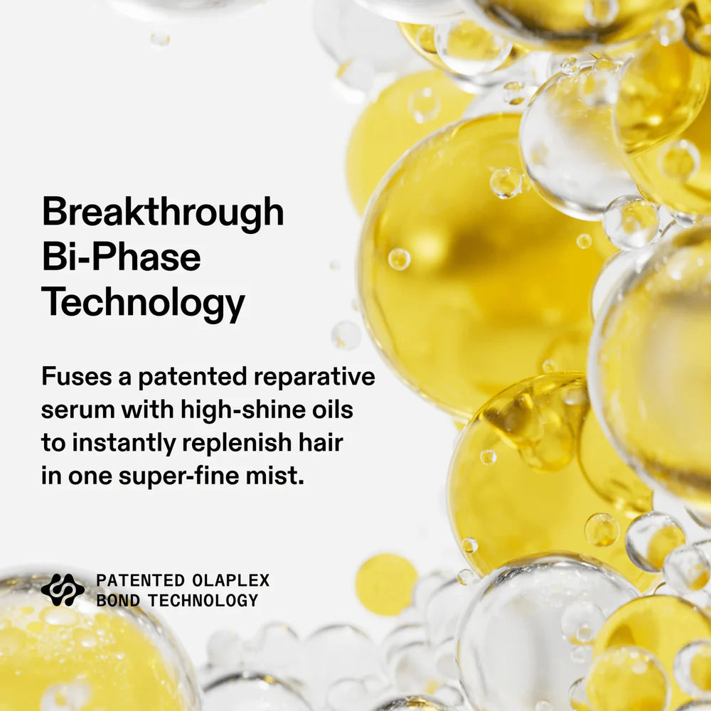 Advertisement for Olaplex hair care product with yellow and clear liquid droplets on a white background.