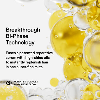 Advertisement for Olaplex hair care product with yellow and clear liquid droplets on a white background.