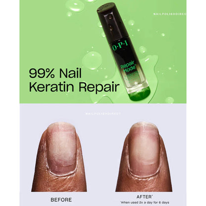 OPI nail repair serum with 'Before' and 'After' nail images on a green and white background.