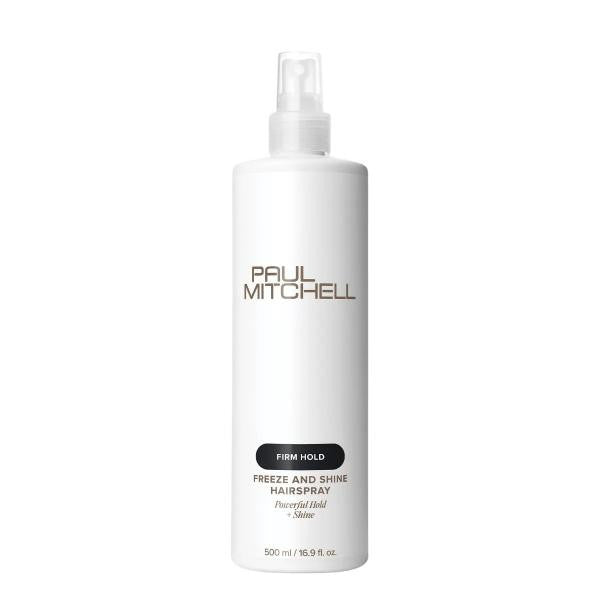 White bottle of Paul Mitchell hairspray on a white background