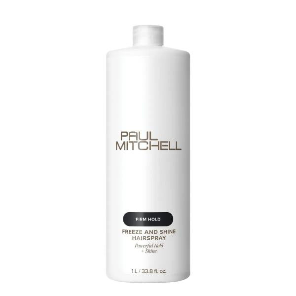 White bottle of Paul Mitchell Freeze and Shine Hairspray on a white background