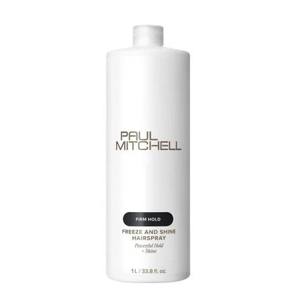 White bottle of Paul Mitchell Freeze and Shine Hairspray on a white background