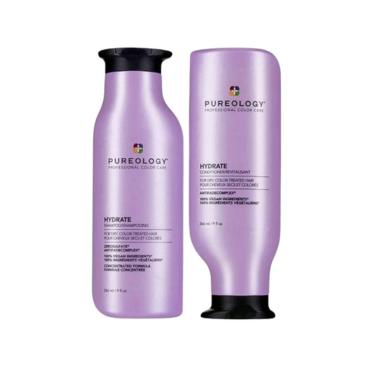 Two bottles of Pureology shampoo and conditioner on a white background