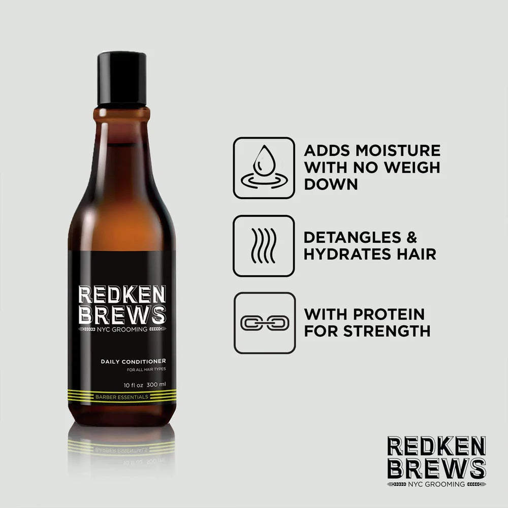 Redken Brews conditioner bottle with features on a light gray background