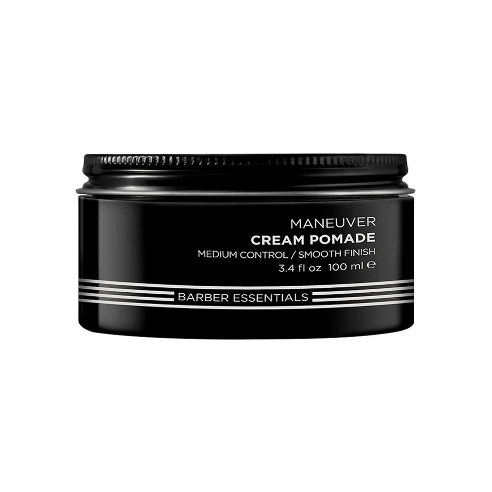 Black jar of Maneuver Cream Pomade with white text on a white background