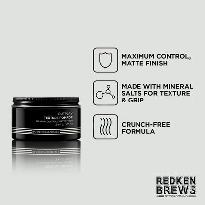 A black jar of Redken Outplay Textured Hair Styler matte finish pomade is shown on a light gray background with three feature callouts: maximum control and matte finish, made with mineral salts for texture and grip, and a crunch-free formula. The Redken Brews logo appears in the bottom right corner.