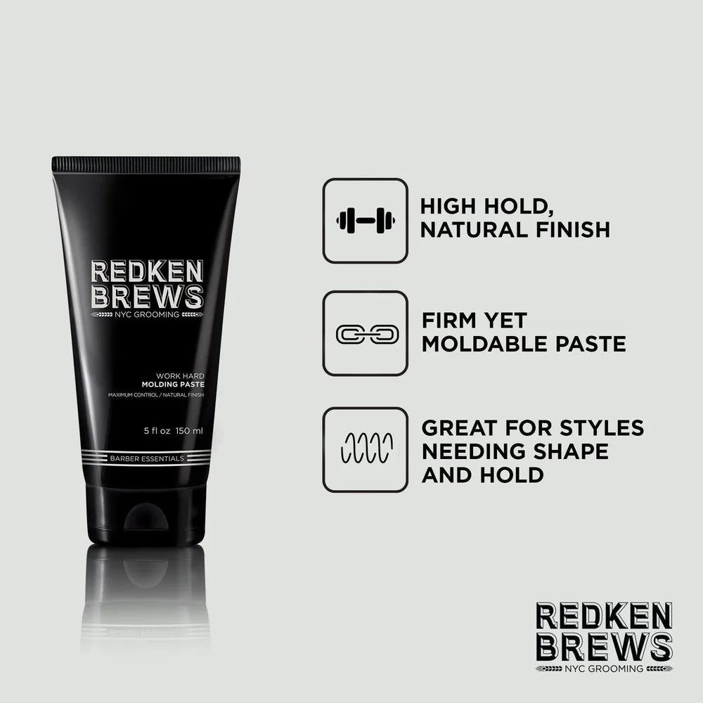 Redken Brews Work Hard Holding Paste in a black squeeze tube on a light gray background, with three feature callouts and icons describing high hold, firm yet moldable paste, and great for styling.