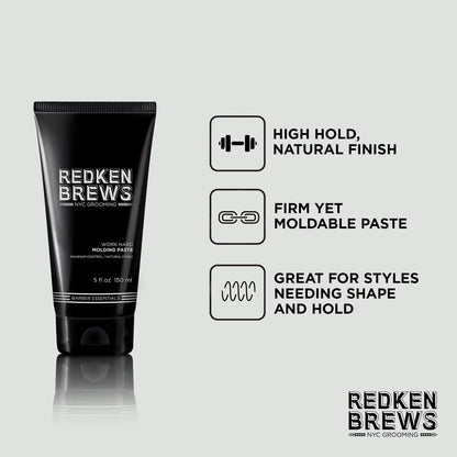 Redken Brews Work Hard Holding Paste in a black squeeze tube on a light gray background, with three feature callouts and icons describing high hold, firm yet moldable paste, and great for styling.